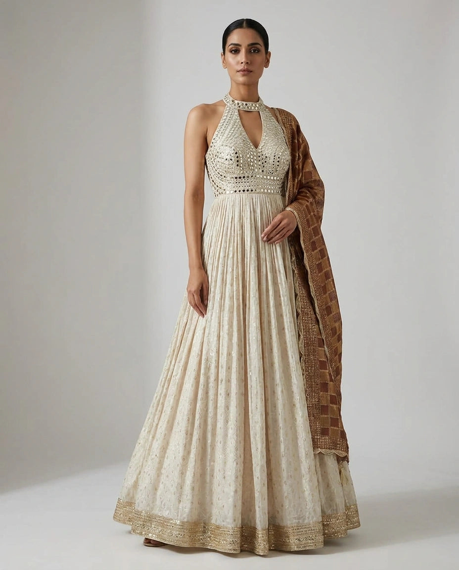 Off White Tissue Anarkali Gown with Floor-Length Flare view 4