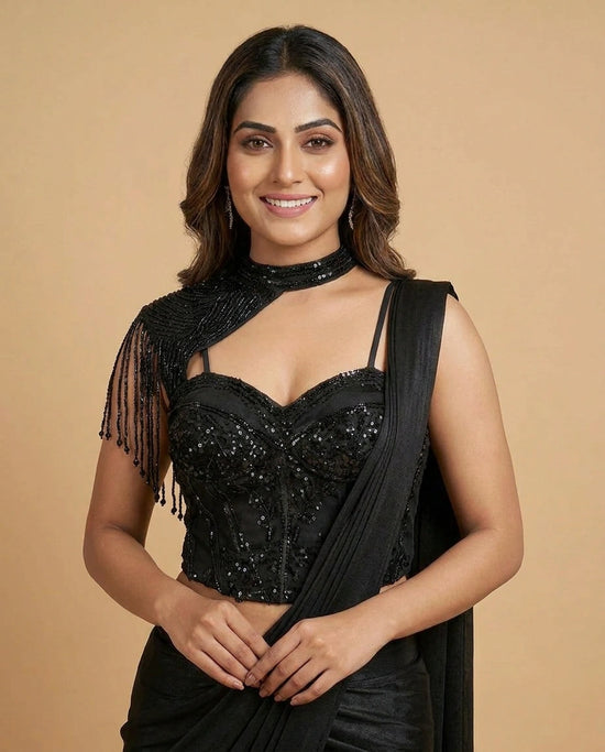 Black Lycra Pre-Draped Saree with Designer Blouse - Rangoli India