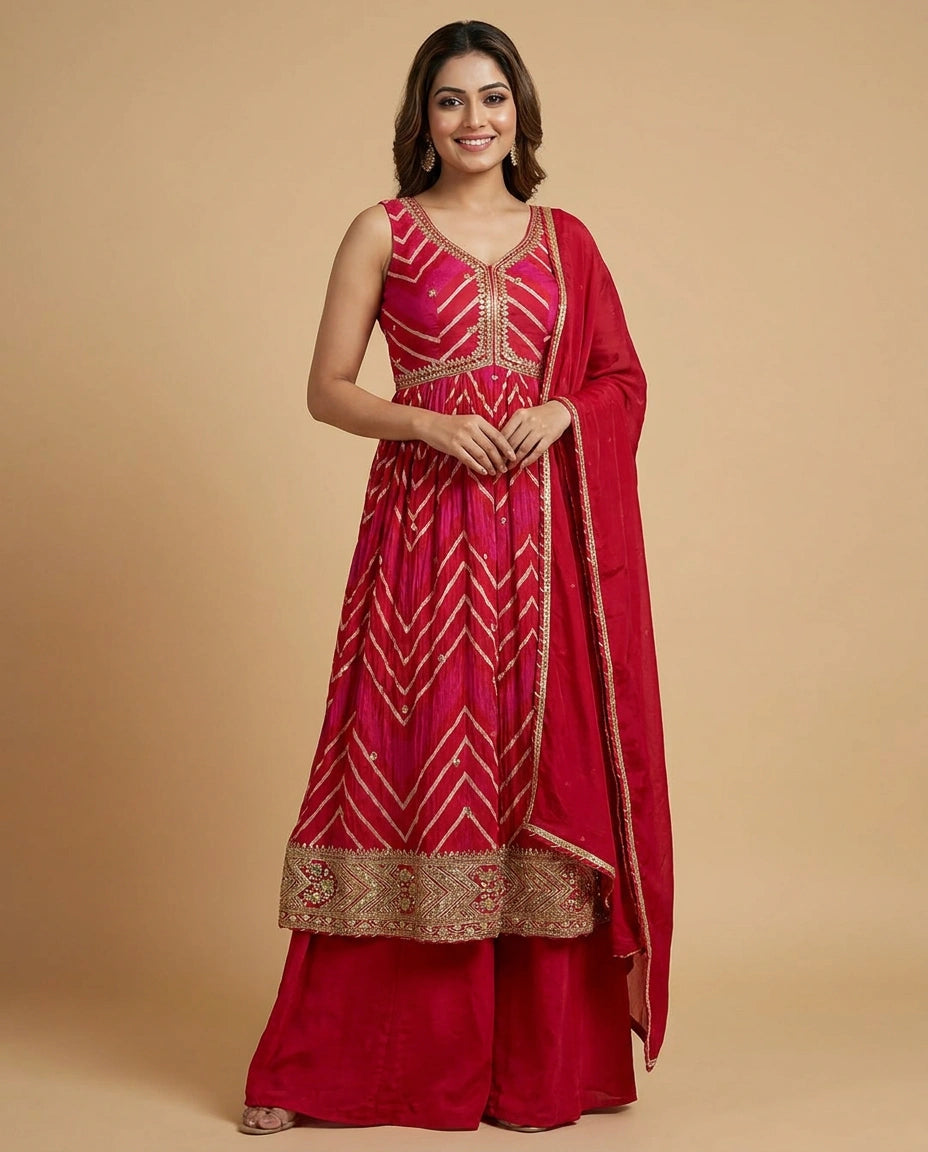 Woman wearing a red traditional outfit with gold embroidery on a beige background