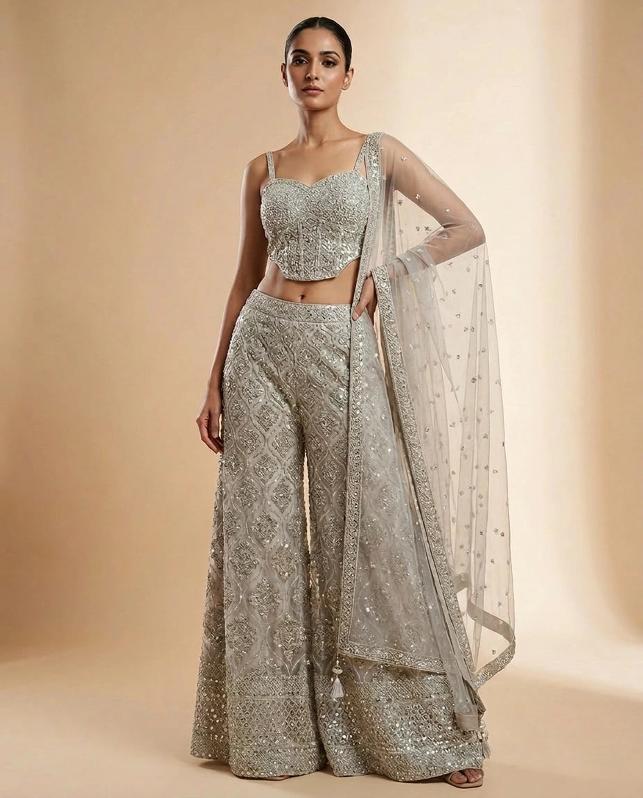 Off White Net Palazzo Suit with Corset Bodice view 2