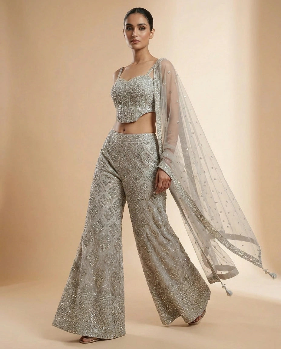 Off White Net Palazzo Suit with Corset Bodice view 3