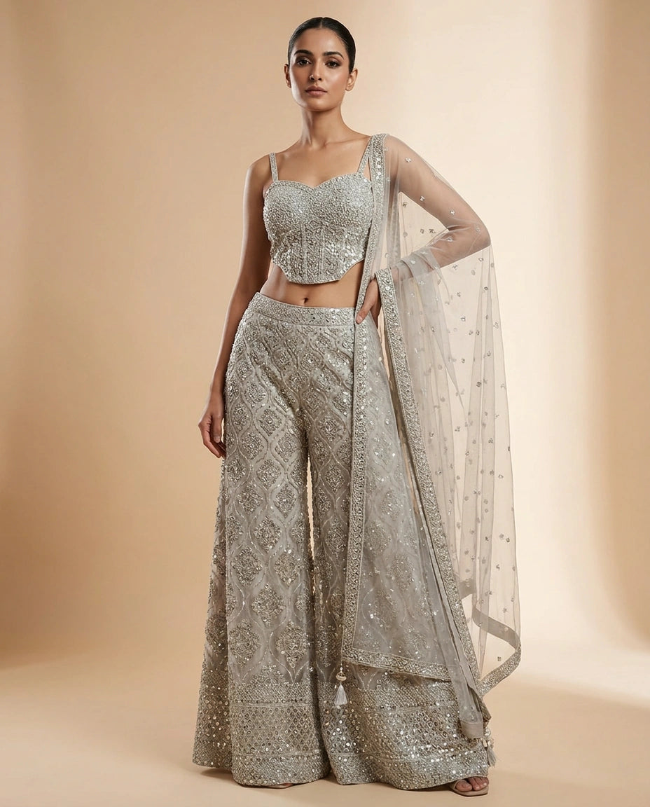 Off White Net Palazzo Suit with Corset Bodice view 4