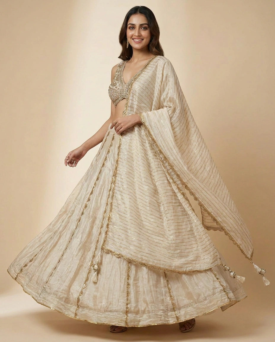 Off White Croptop Lehenga in Tissue - Rangoli India