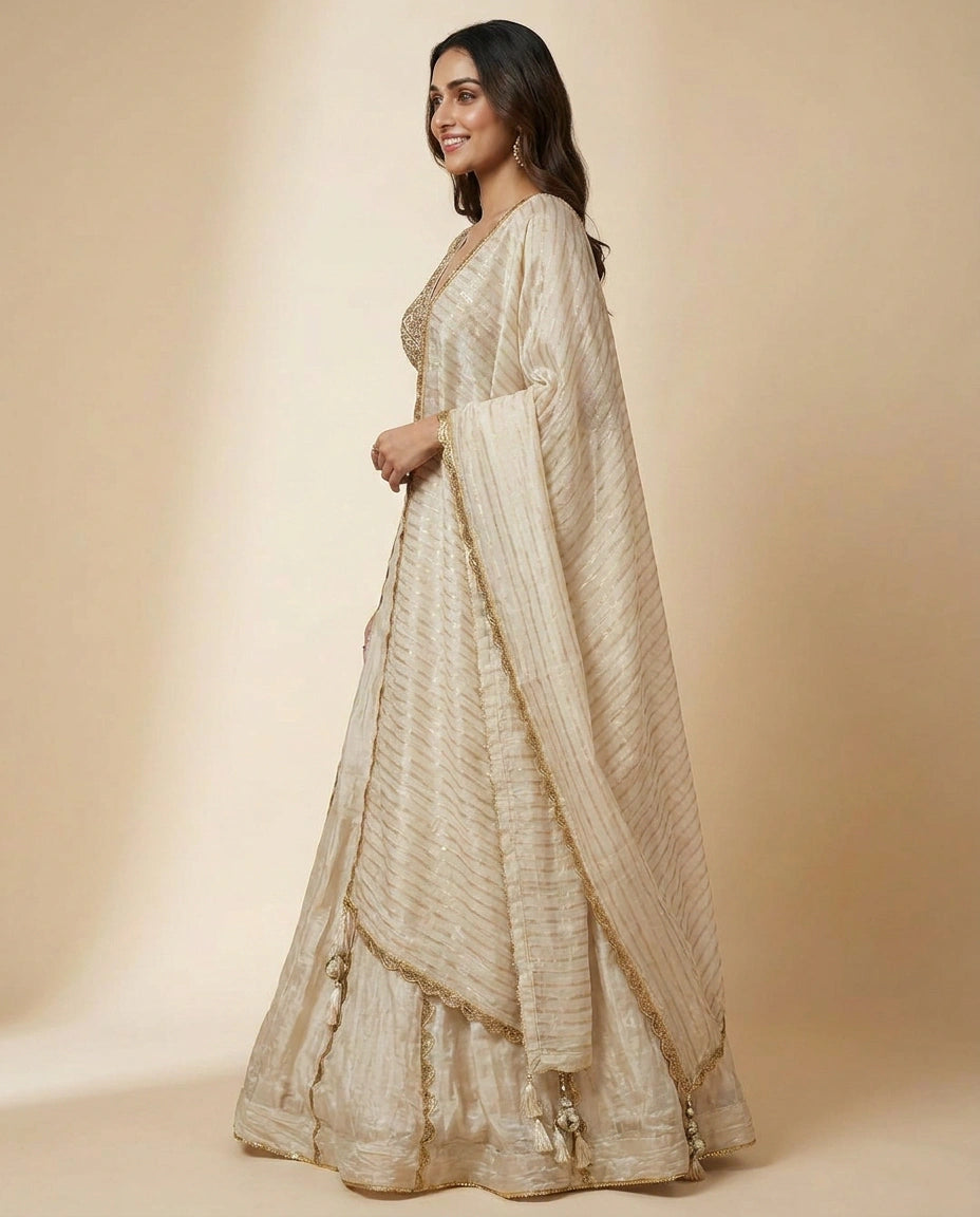 Off White Croptop Lehenga in Tissue - Rangoli India