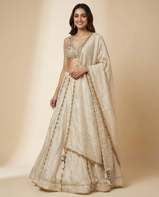 Off White Croptop Lehenga in Tissue - Rangoli India
