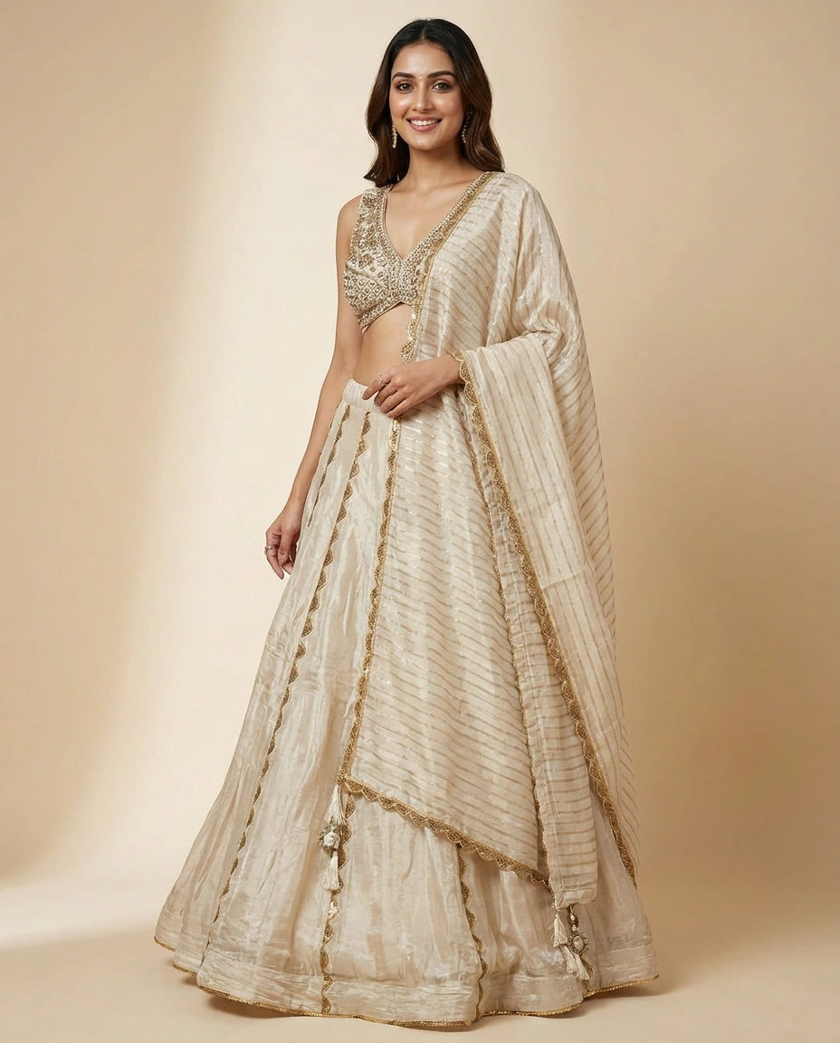 Off White Croptop Lehenga in Tissue - Rangoli India