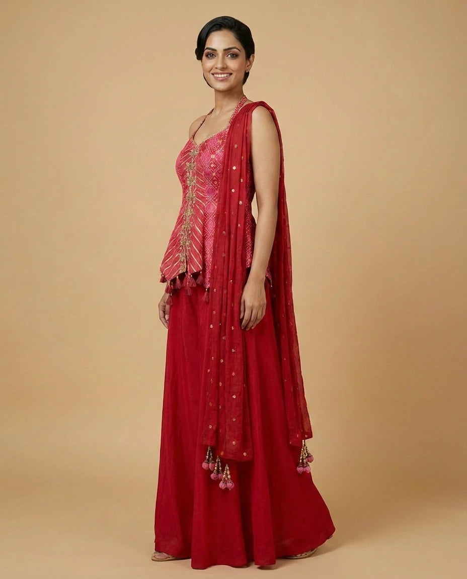 Magenta Chinon Peplum Choli Palazzo Set for Women - Festive Wear