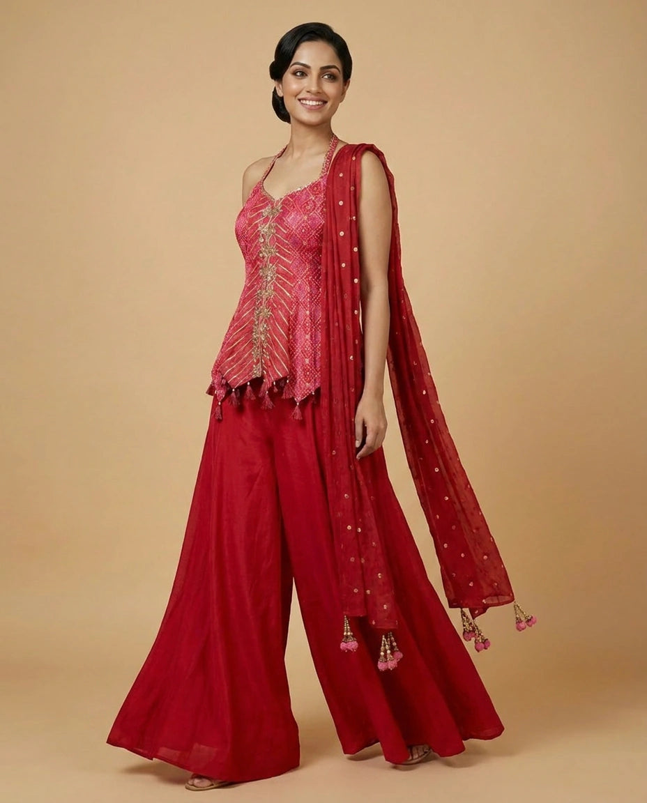 Magenta Chinon Peplum Choli Palazzo Set for Women - Festive Wear
