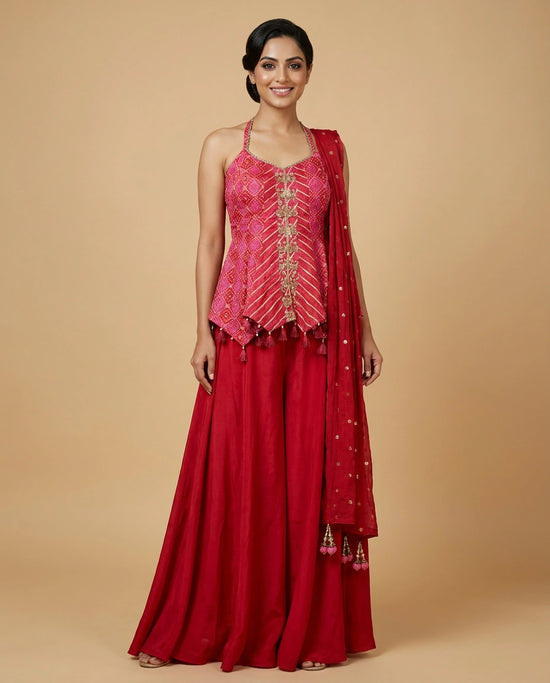 Magenta Chinon Peplum Choli Palazzo Set for Women - Festive Wear