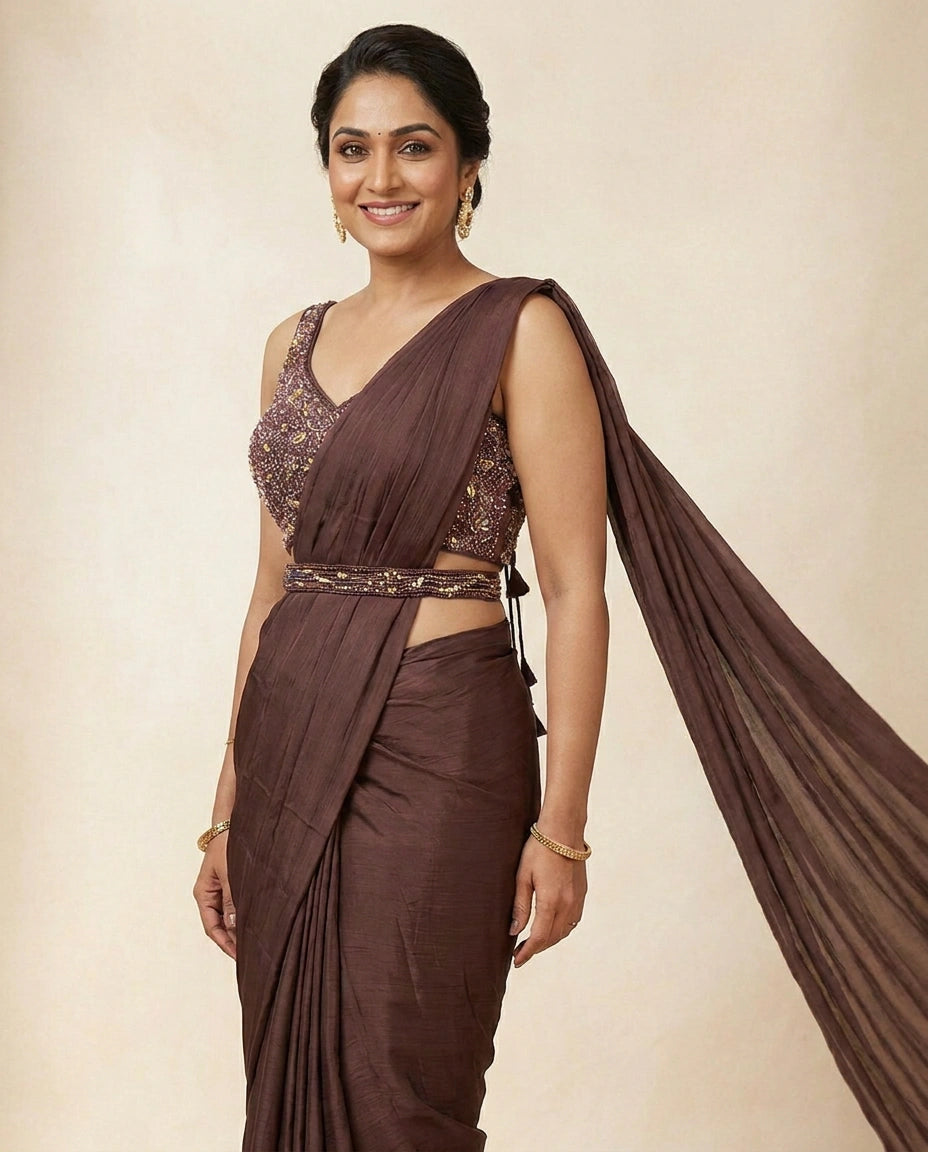 Wine Pre-Draped Saree with Designer Blouse - Rangoli India
