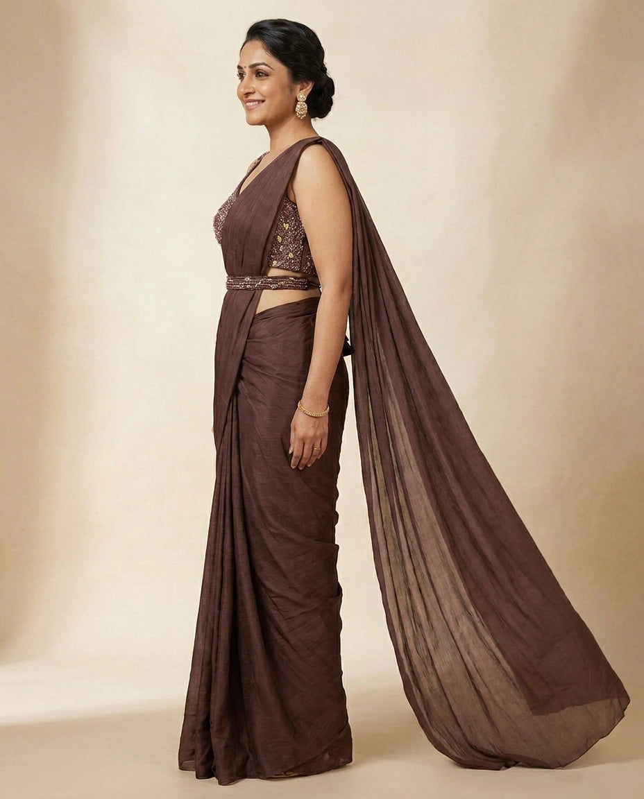 Wine Pre-Draped Saree with Designer Blouse - Rangoli India