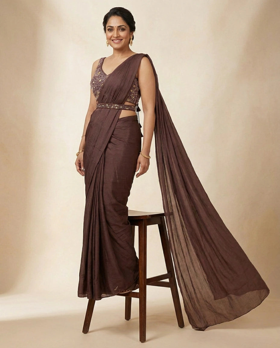 Wine Pre-Draped Saree with Designer Blouse - Rangoli India