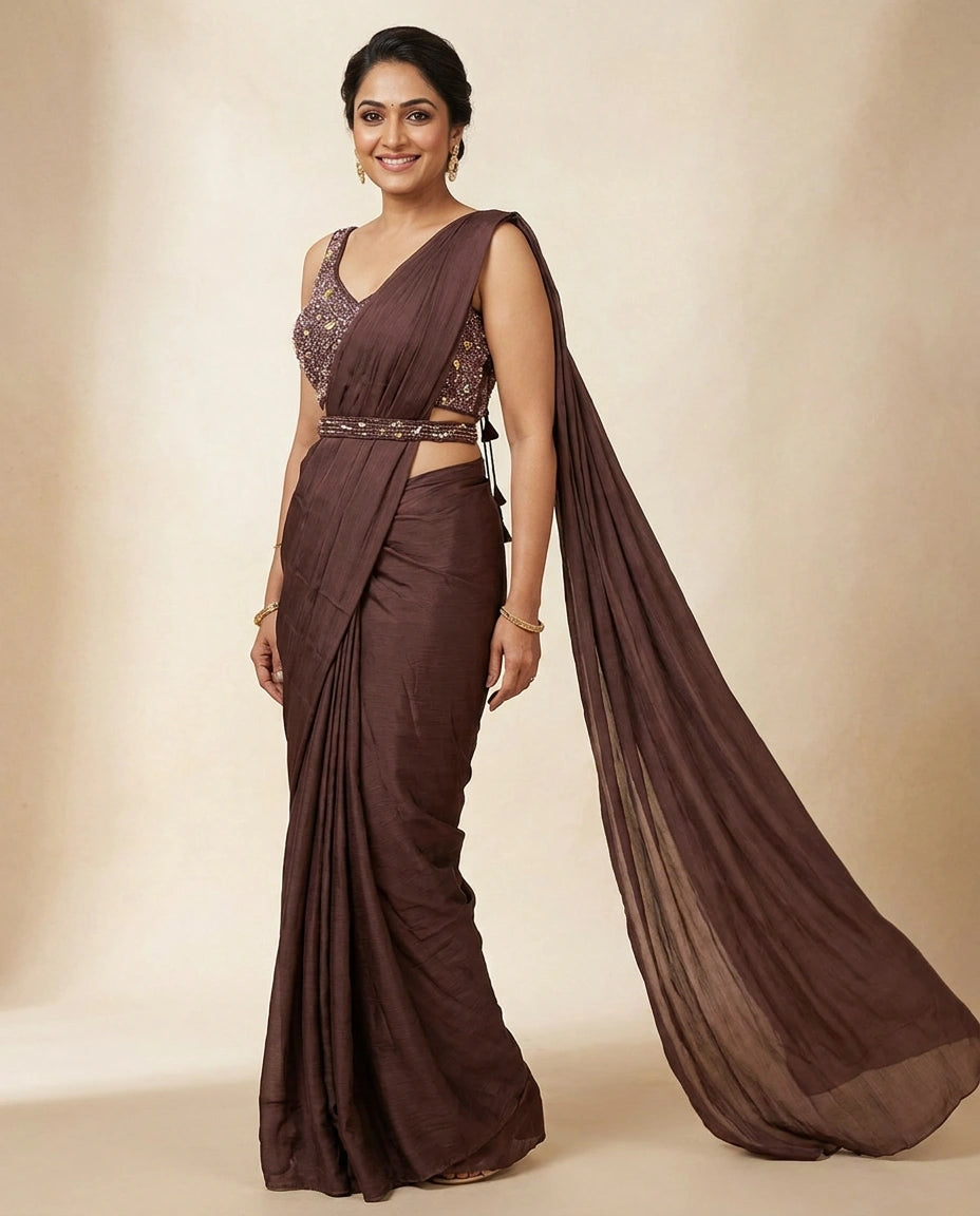 Wine Pre-Draped Saree with Designer Blouse - Rangoli India