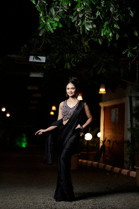 Wine Pre-Draped Saree with Designer Blouse