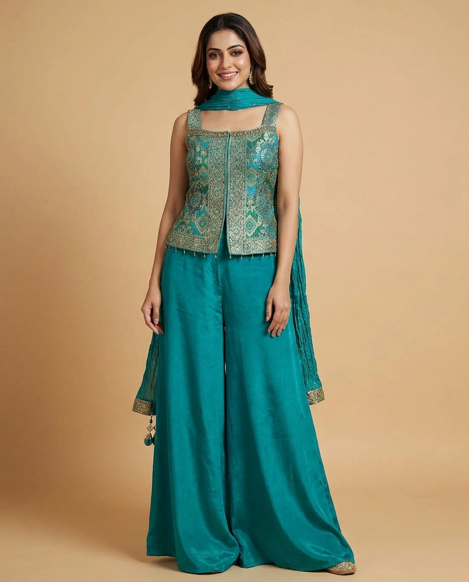 Silk Katan Choli Long Palazzo - Rangoli India