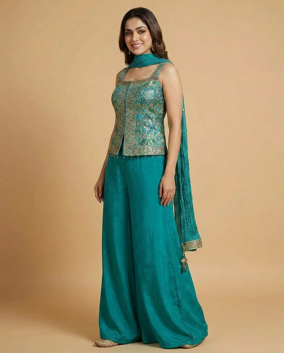 Silk Katan Choli Long Palazzo - Rangoli India