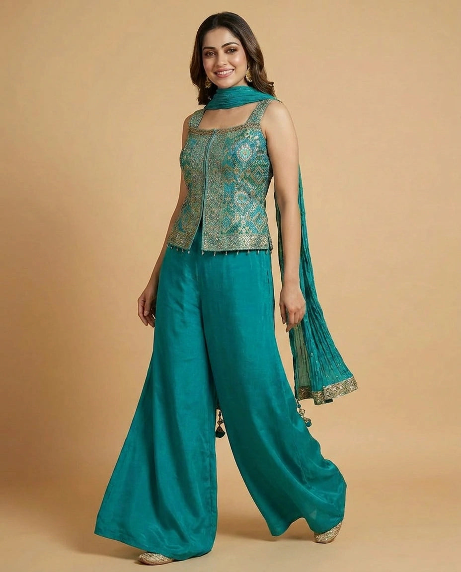 Silk Katan Choli Long Palazzo - Rangoli India