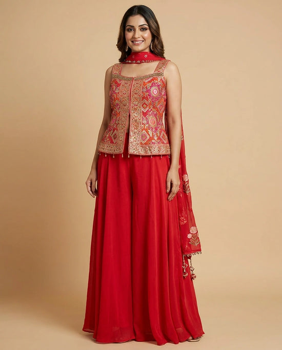 Red traditional outfit with intricate embroidery on a beige background