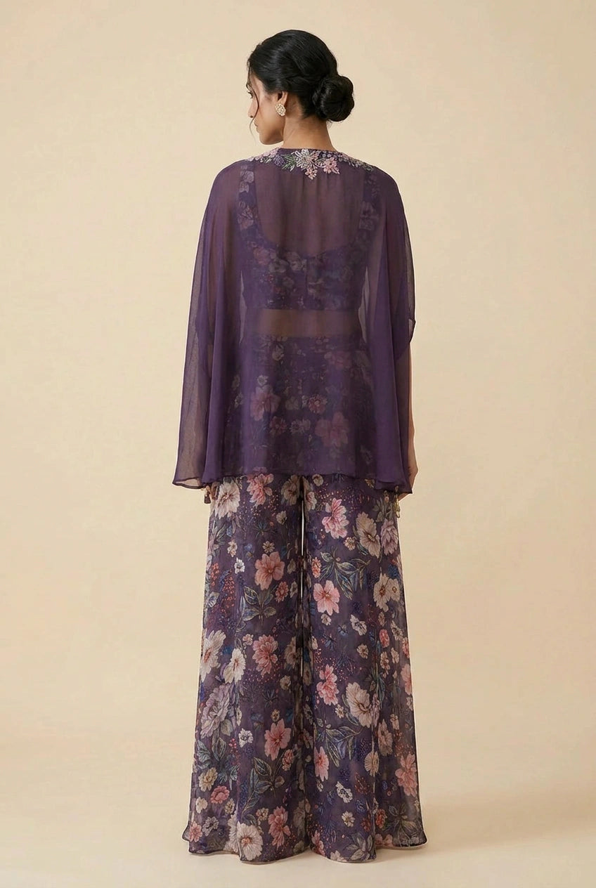 Wine Lilac Crepe Silk Jacket Palazzo Set for Receptions