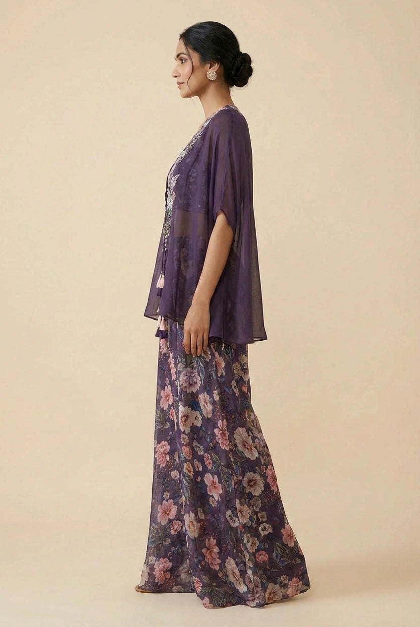 Wine Lilac Crepe Silk Jacket Palazzo Set for Receptions