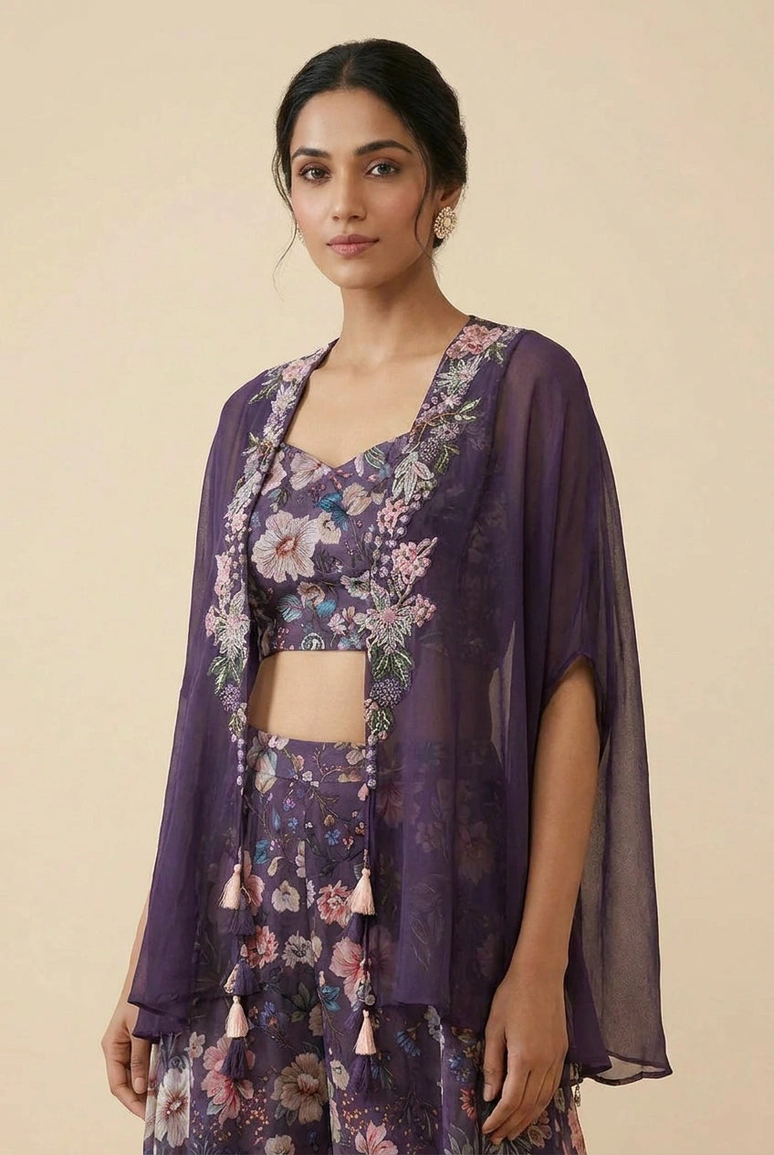 Wine Lilac Crepe Silk Jacket Palazzo Set for Receptions