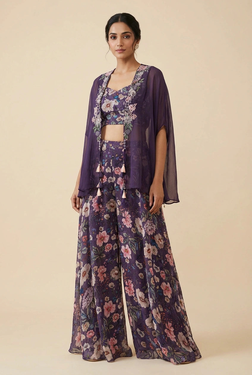 Wine Lilac Crepe Silk Jacket Palazzo Set for Receptions