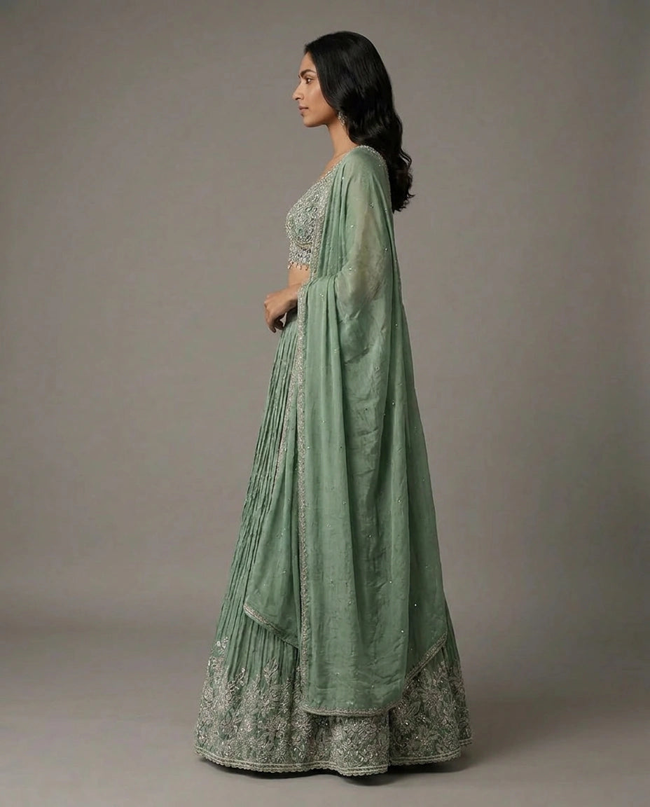 Tissue Croptop Lehenga with Embroidered Croptop view 8