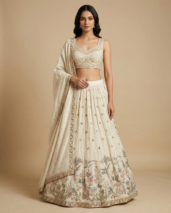 Ivory Tissue Crop-Top Lehenga with Soft Shimmer Weave