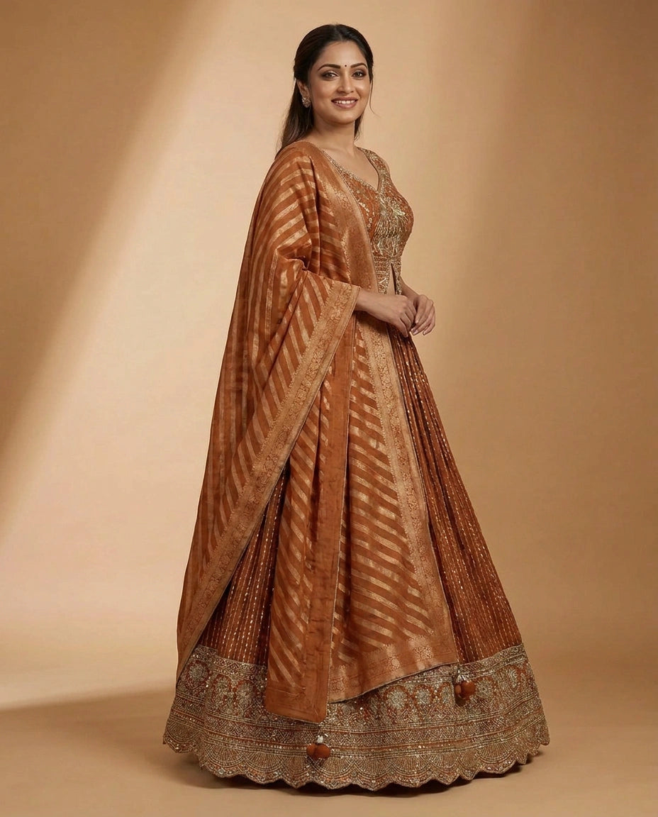 Orange Peplum Lehenga in Chinon - Rangoli India