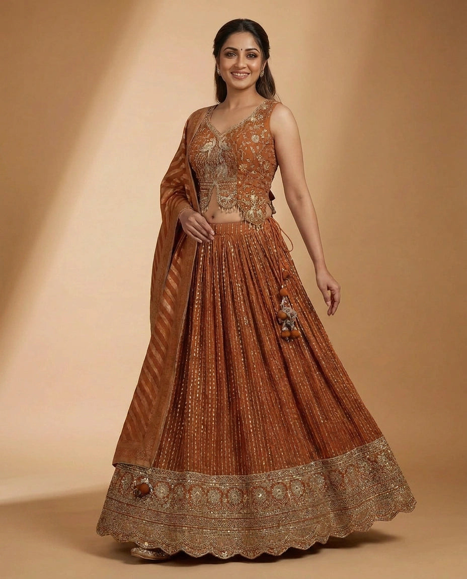 Orange Peplum Lehenga in Chinon - Rangoli India