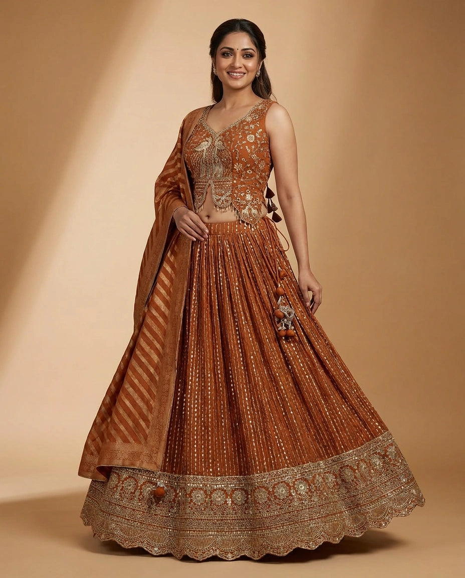 Orange Peplum Lehenga in Chinon - Rangoli India