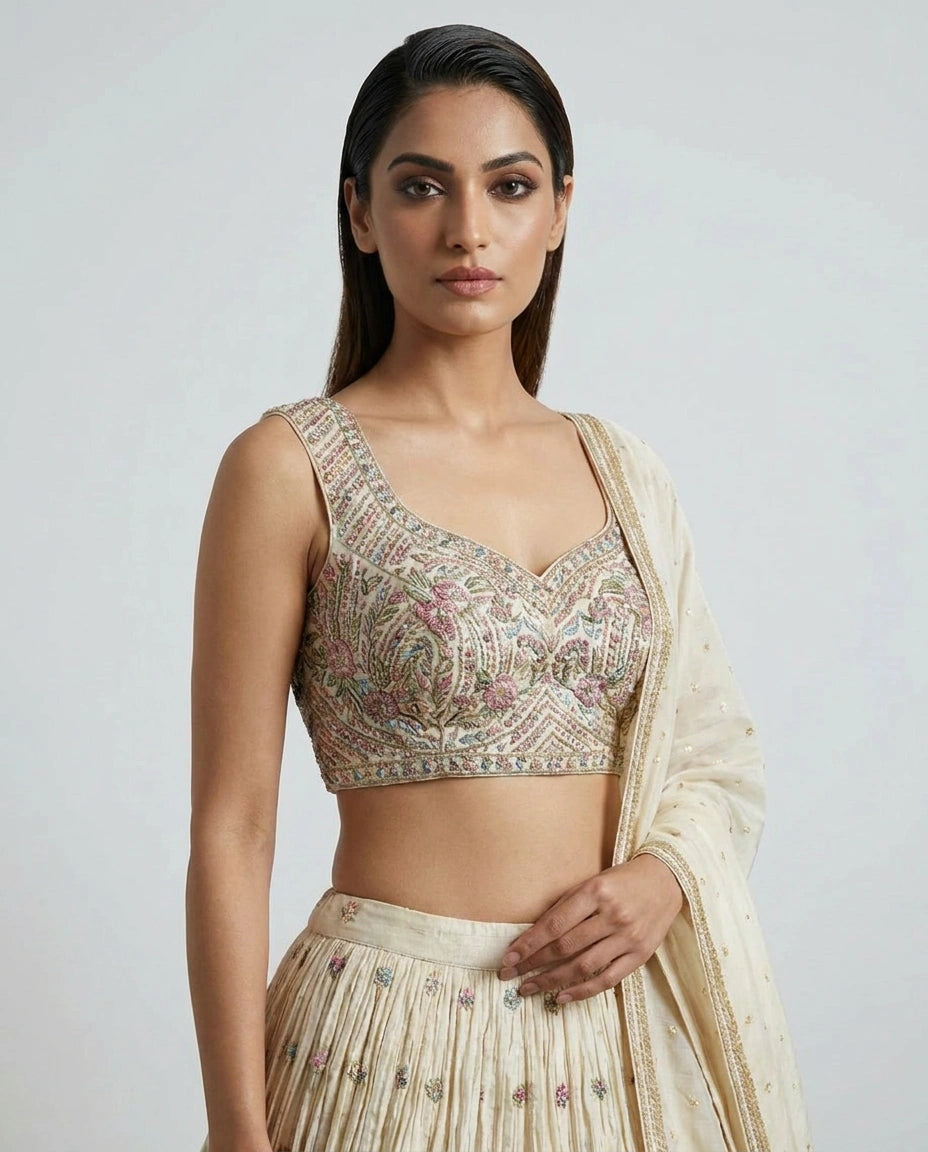 Off White Tissue Croptop Lehenga with Embroidered Croptop - Rangoli India