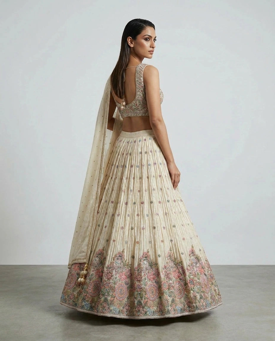 Off White Tissue Croptop Lehenga with Embroidered Croptop view 3