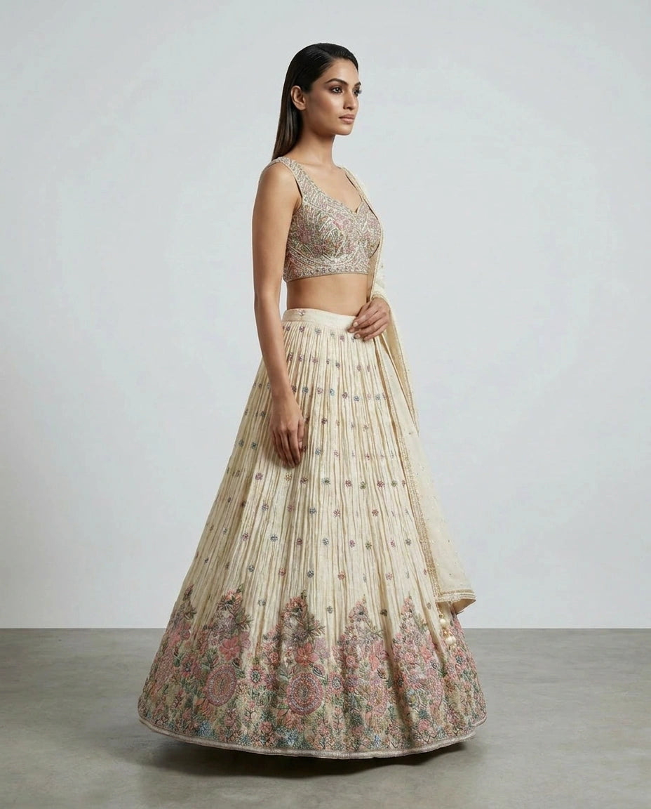 Off White Tissue Croptop Lehenga with Embroidered Croptop view 4