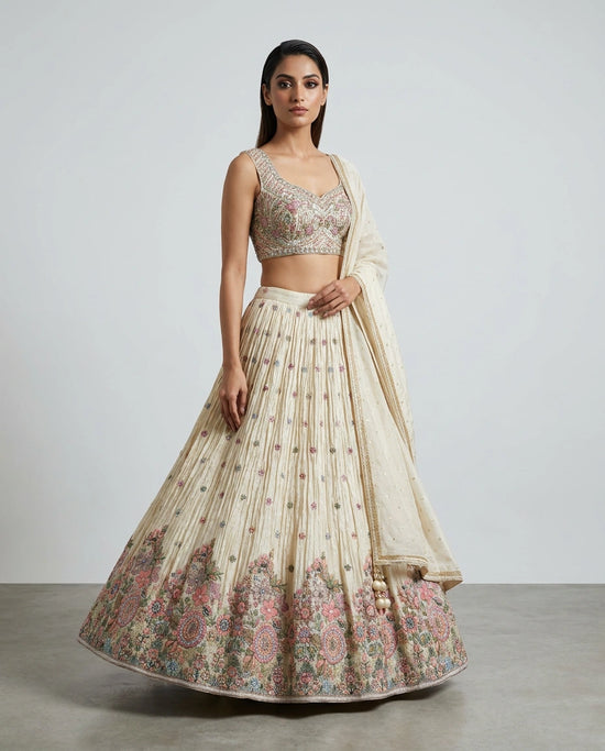 Off White Tissue Croptop Lehenga with Embroidered Croptop view 2