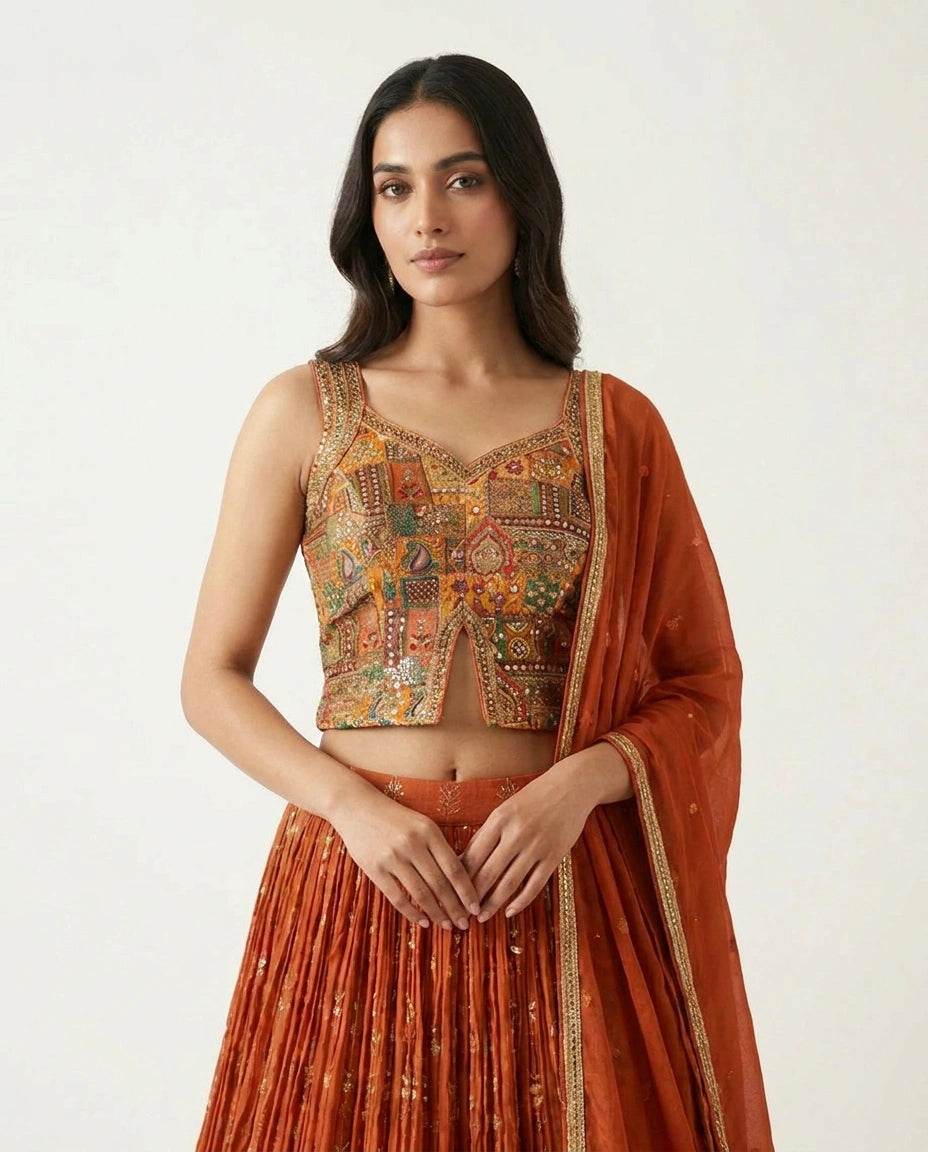 Orange Chinon Croptop Lehenga with Peplum Croptop view 2