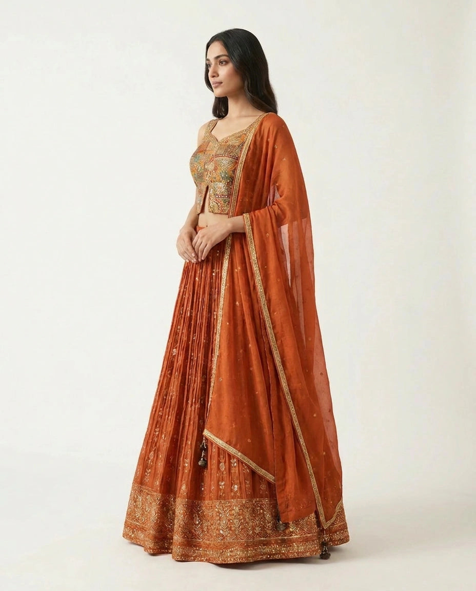Orange Chinon Croptop Lehenga with Peplum Croptop view 3