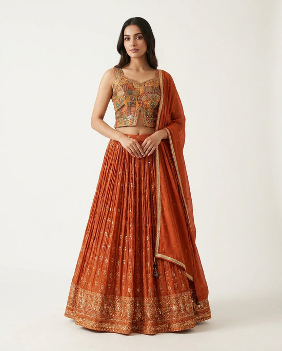 Orange Chinon Croptop Lehenga with Peplum Croptop - Rangoli India