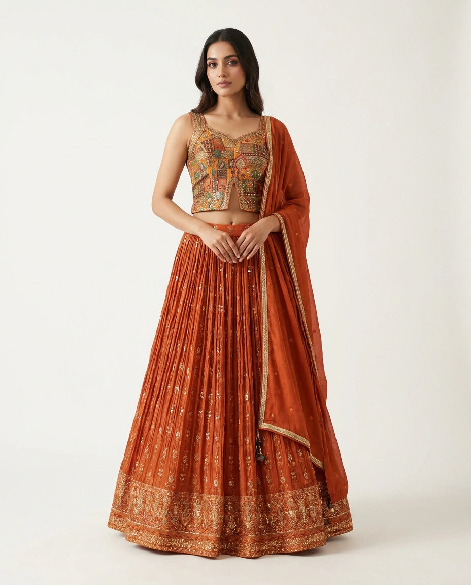 Orange Chinon Croptop Lehenga with Peplum Croptop - Rangoli India