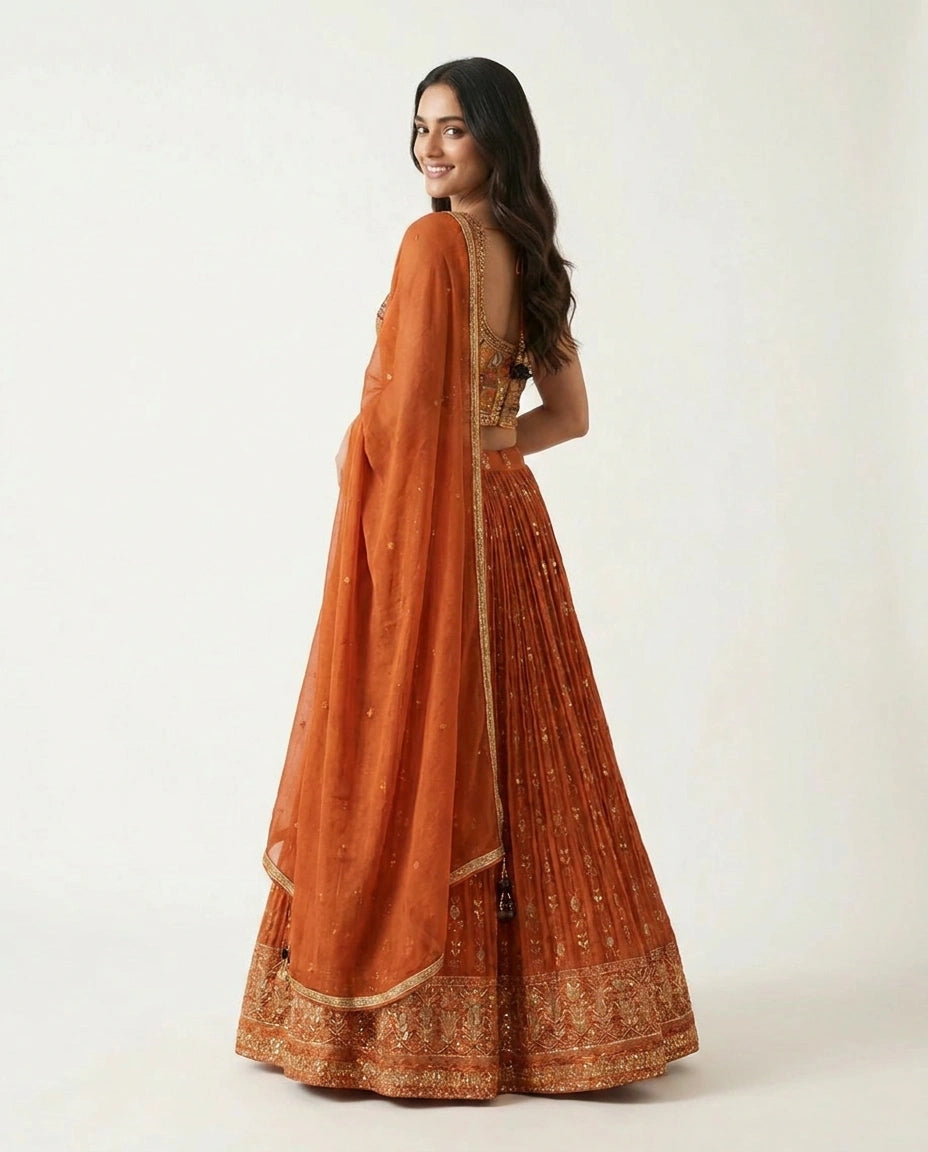 Orange Chinon Croptop Lehenga with Peplum Croptop view 4