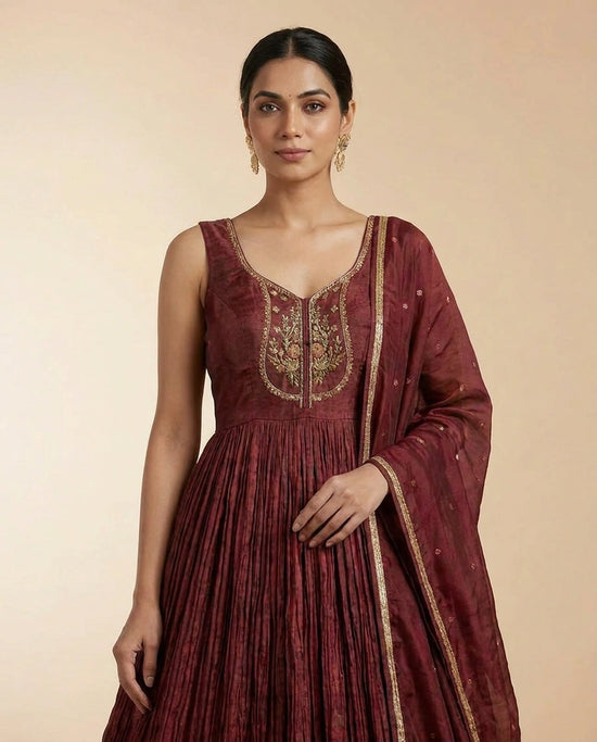 Maroon Dola Silk Anarkali Gown with Floor-Length Flare view 2