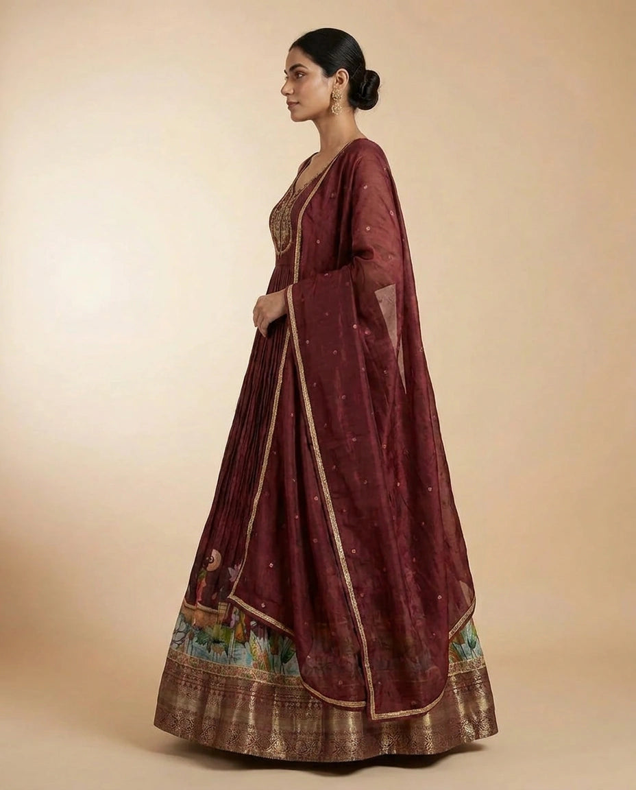 Maroon Dola Silk Anarkali Gown with Floor-Length Flare view 3