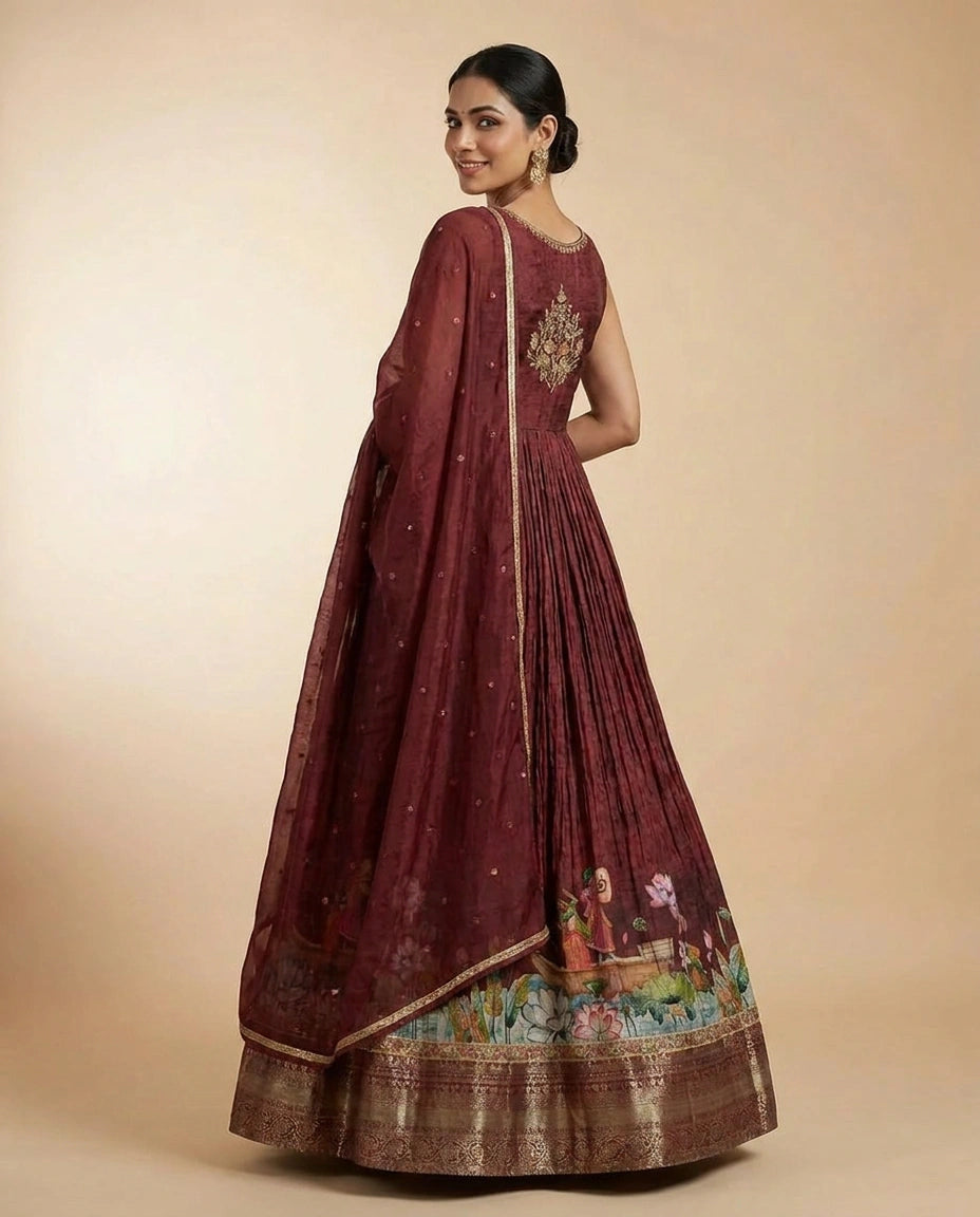 Maroon Dola Silk Anarkali Gown with Floor-Length Flare view 4