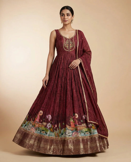 Maroon Dola Silk Anarkali Gown with Floor-Length Flare - Rangoli India