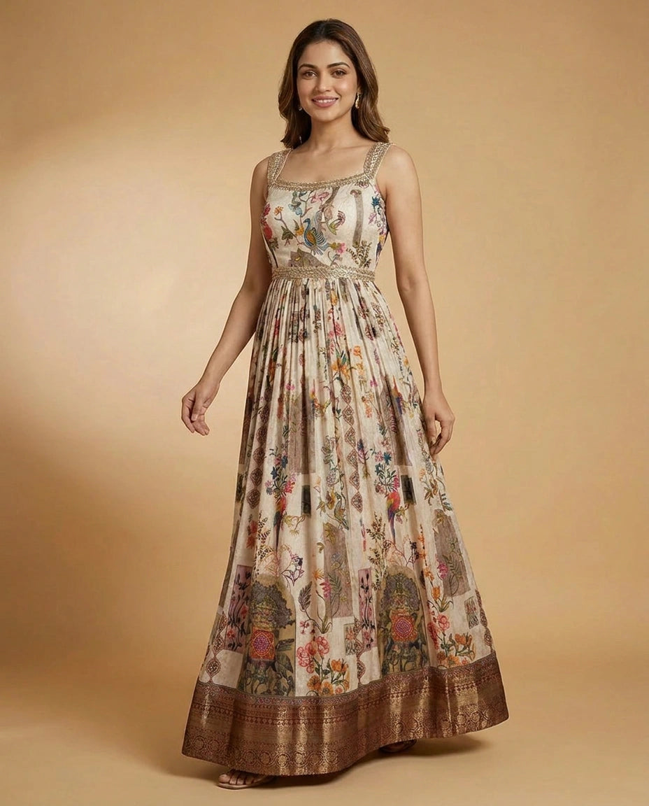 Off White Anarkali Gown in Silk Katan - Rangoli India