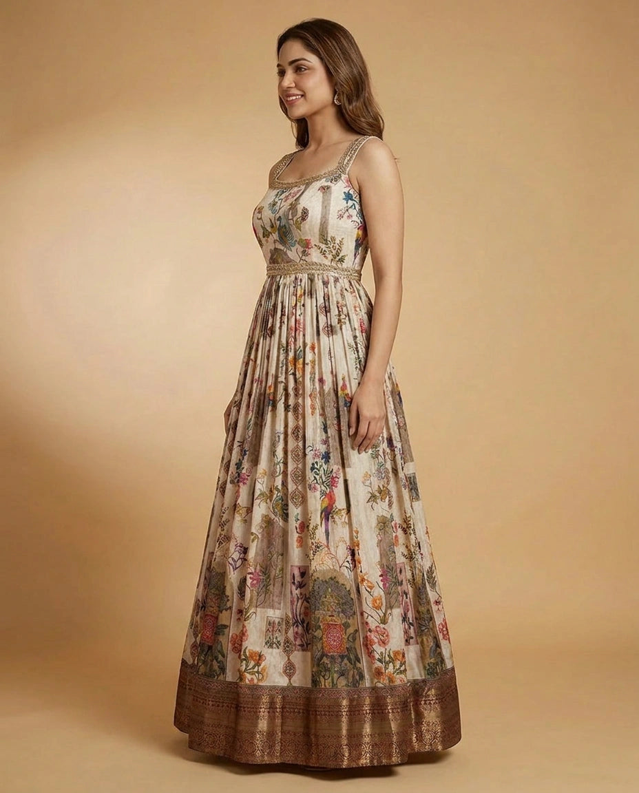 Off White Anarkali Gown in Silk Katan - Rangoli India