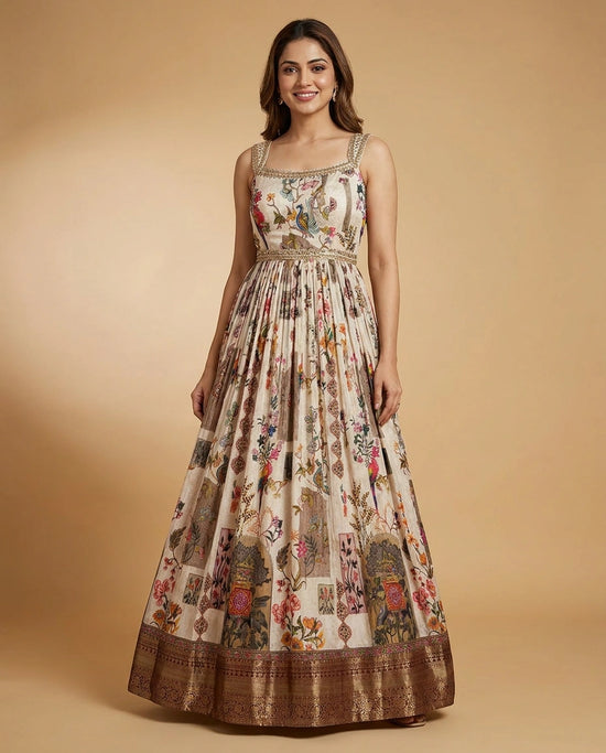 Off White Anarkali Gown in Silk Katan - Rangoli India
