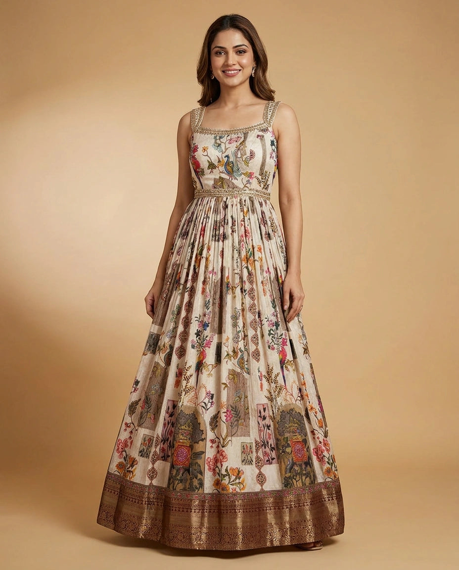 Off White Anarkali Gown in Silk Katan - Rangoli India