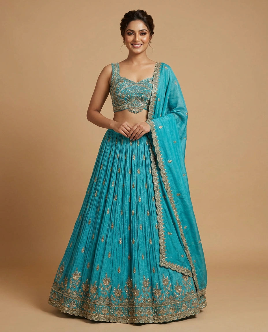 Tissue Croptop Lehenga with Printed Detail - Rangoli India