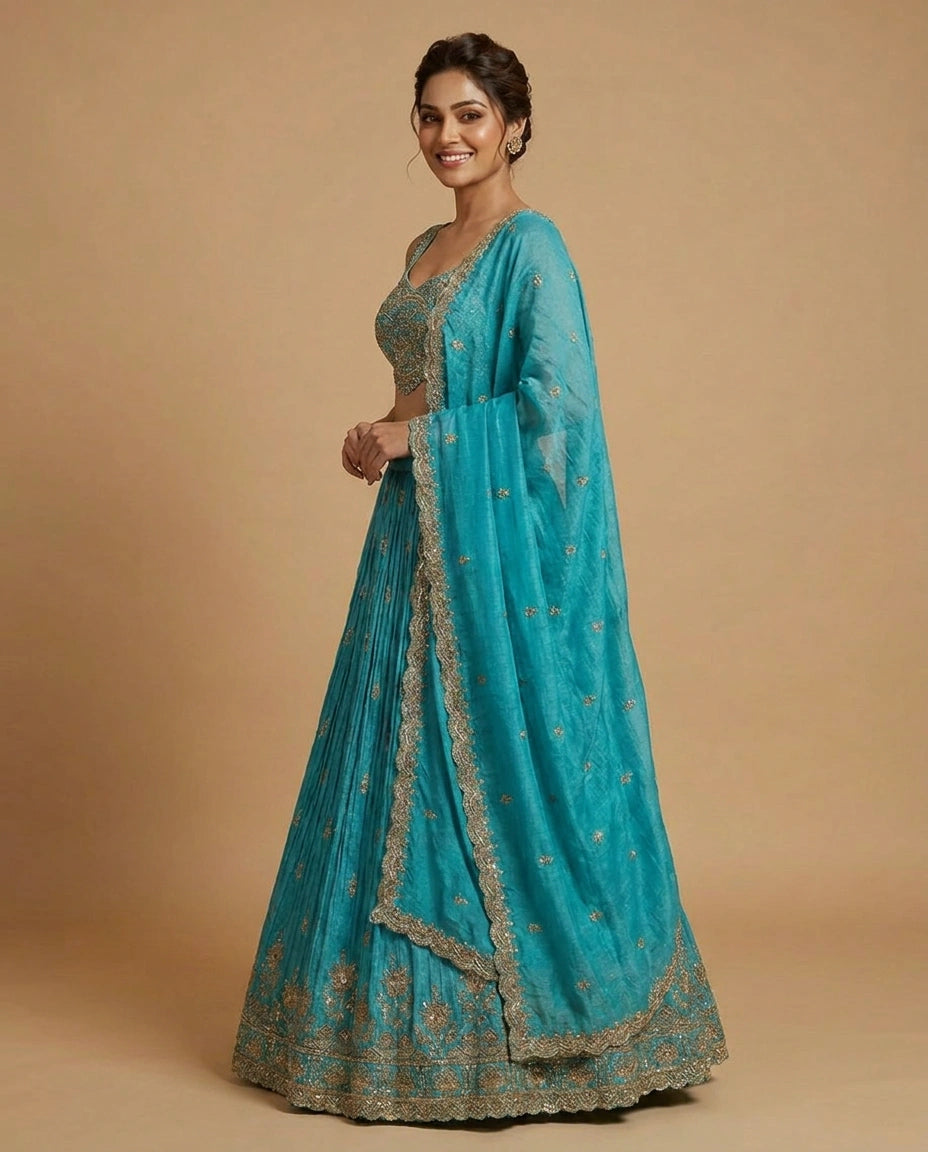 Tissue Croptop Lehenga with Printed Detail - Rangoli India